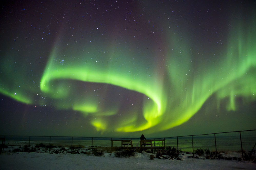 Aurora borealis dancing at Seal River Lodge. Dennis Fast photo.