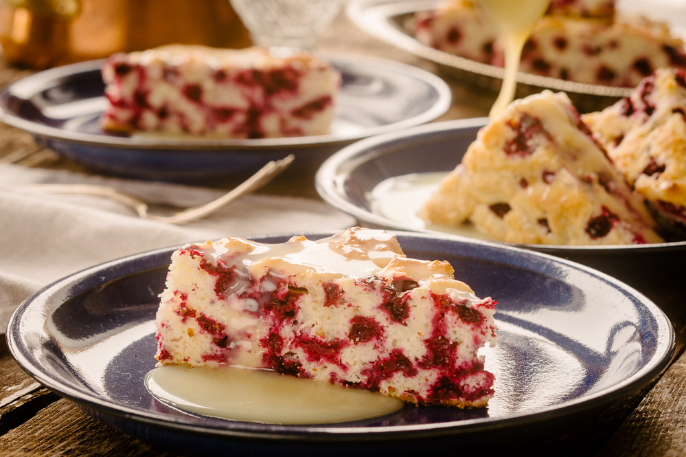 Wild Arctic Cranberry Cake with warm butter sauce.